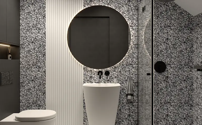 Łazienka w stylu minimalistycznym i nowoczesnym z okrągłym lustrem.