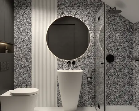 Łazienka w stylu minimalistycznym i nowoczesnym z okrągłym lustrem.