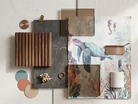 Nowoczesny i współczesny moodboard wnętrza z drewnianymi panelami, marmurem i motywem morskim
