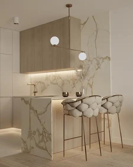 Nowoczesna kuchnia z drewnianymi meblami i białym blatem, oświetleniem i stołkami barowymi.