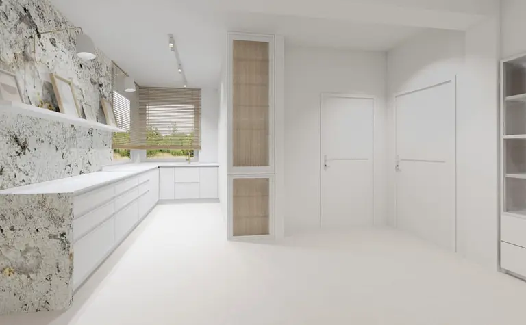 Wnętrze w stylu boho i japandi z białymi meblami i drewnianymi detalami.