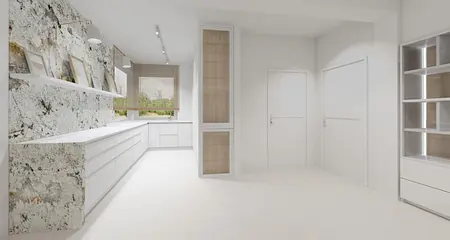 Wnętrze w stylu boho i japandi z białymi meblami i drewnianymi detalami.