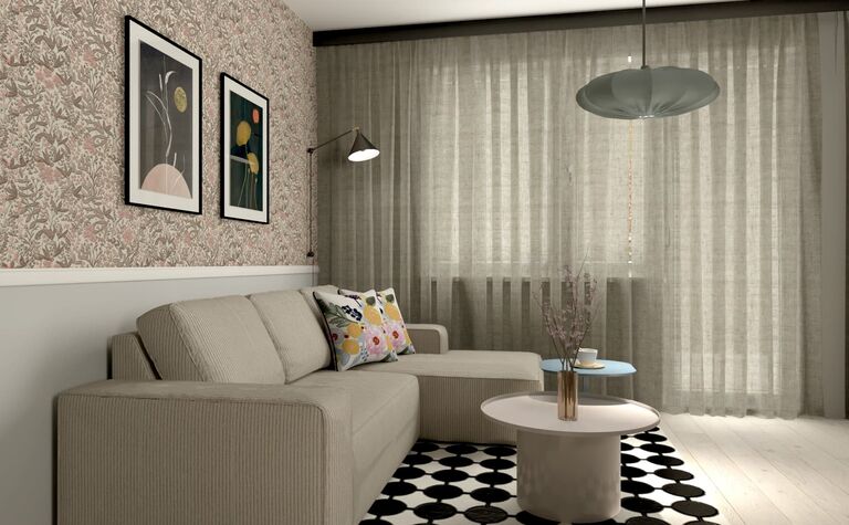 Wnętrze salonu z minimalistycznym designem, beżowa sofa, drewniane akcenty i nowoczesne obrazy.