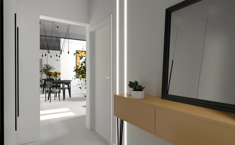 Korytarz z lustrem, roślinami i nowoczesnym oświetleniem dopamine decor.