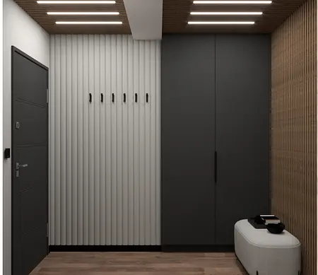 Restauracja w stylu japandi i minimalistycznym z drewnianym barem i jasnymi meblami.