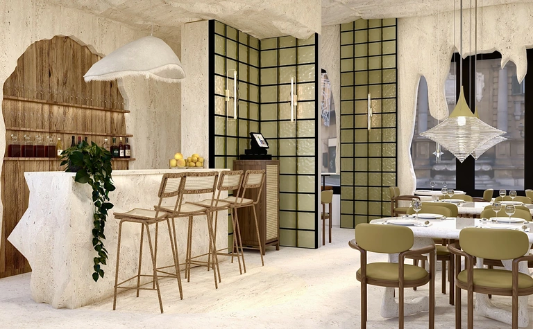 Restauracja w stylu japandi i minimalistycznym z drewnianym barem i jasnymi meblami.