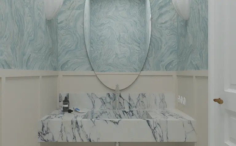 Wnętrze toalety z marmurową umywalką i niebieskimi ścianami w stylu art deco, minimaluxe, quiet luxury.