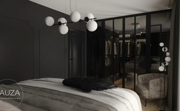 Wnętrze nowoczesnej sypialni z ciemnymi ścianami, jasnym łóżkiem i eleganckimi detalami.