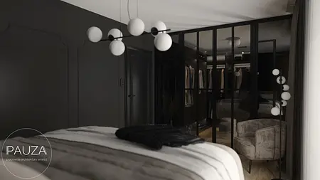 Wnętrze nowoczesnej sypialni z ciemnymi ścianami, jasnym łóżkiem i eleganckimi detalami.