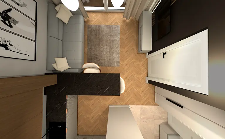 Wnętrze kuchni z szarymi meblami, brązowym blatem oraz nowoczesnym oświetleniem.