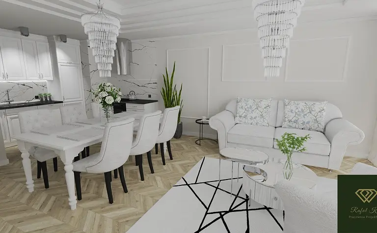 Wnętrze salonu z białą sofą, drewnianym stołem i roślinami w stylu glamour.