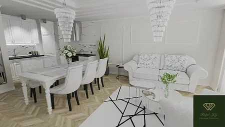 Wnętrze salonu z białą sofą, drewnianym stołem i roślinami w stylu glamour.