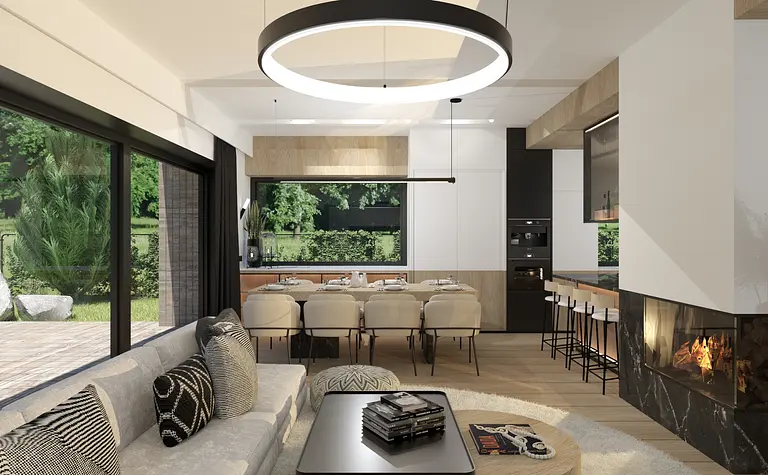 Wnętrze kuchni z dużym oknem, drewnianym stołem i minimalistycznym wystrojem.