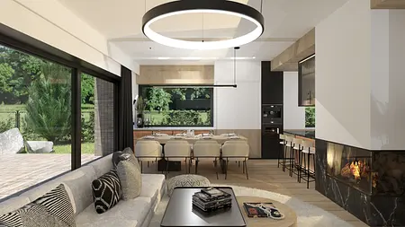 Wnętrze kuchni z dużym oknem, drewnianym stołem i minimalistycznym wystrojem.