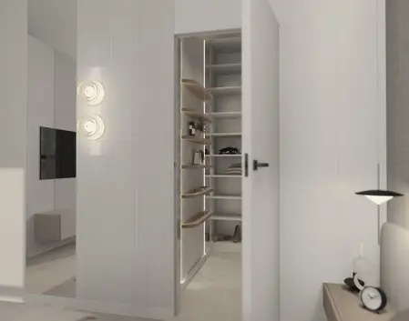 Garderoba w nowoczesnym stylu z półkami i oświetleniem LED.