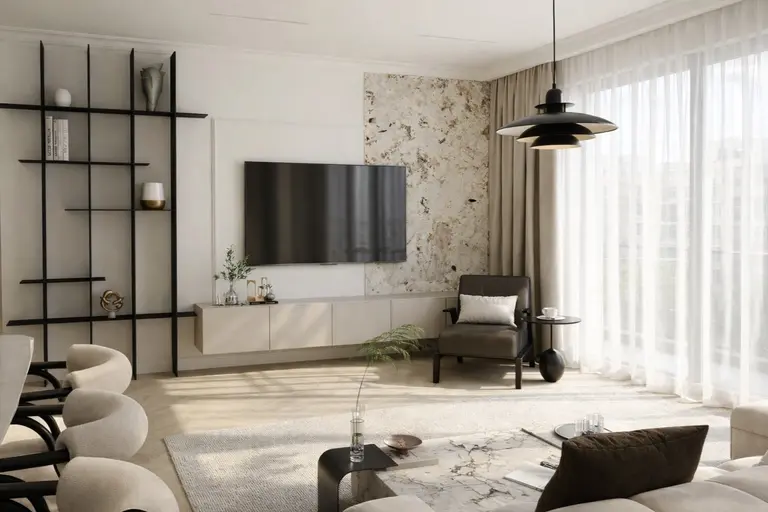 Wnętrze salonu w stylu minimalistycznym z jasnymi meblami i naturalnymi akcentami.