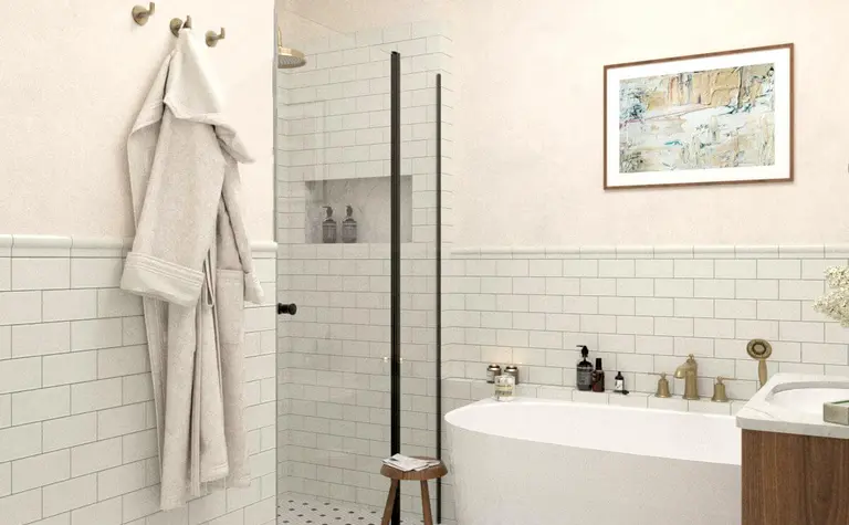 Wnętrze łazienki w stylu art deco, minimalistycznym i tradycyjnym z wanną i prysznicem.