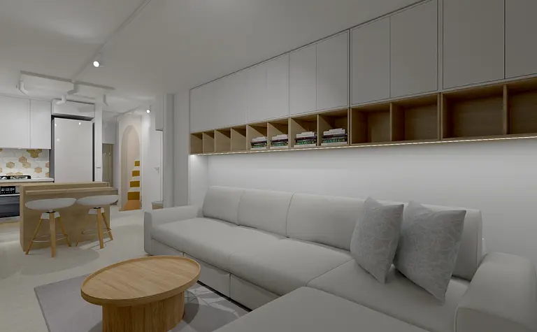 Nowoczesne wnętrze kuchni z białymi meblami i drewnianymi akcentami, minimalistyczny styl.