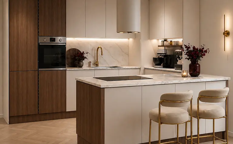 Nowoczesna kuchnia w stylu quiet luxury z marmurowym blatem i drewnianymi akcentami.