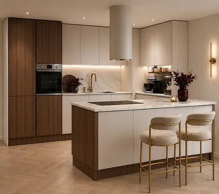 Nowoczesna kuchnia w stylu quiet luxury z marmurowym blatem i drewnianymi akcentami.