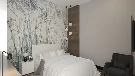 Sypialnia z eklektycznym stylem, glamour i quiet luxury, białe meble, drewniane akcenty.