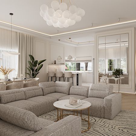 Wnętrze salonu z nowoczesnym narożnikiem i designerskim oświetleniem.