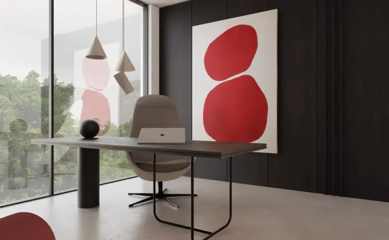 Wnętrze gabinetu z nowoczesnym biurkiem, minimalistycznymi lampami i czerwoną grafiką.
