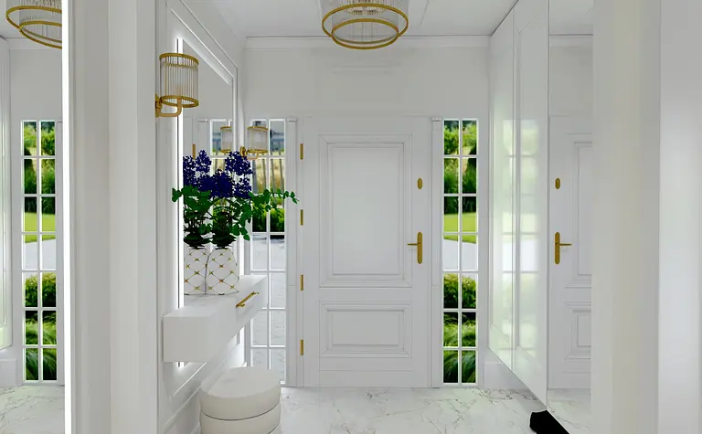 Przedpokój z białymi ścianami, złotymi akcentami i doniczką z kwiatami