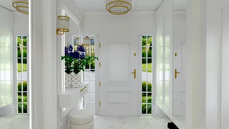 Przedpokój z białymi ścianami, złotymi akcentami i doniczką z kwiatami