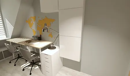 Współczesny gabinet z biurkiem, mapą i jasnymi ścianami.