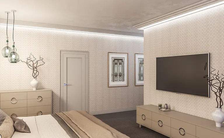 Wnętrze sypialni w stylu glamour z nowoczesnymi meblami i dekoracjami quiet luxury.