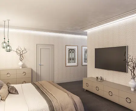 Wnętrze sypialni w stylu glamour z nowoczesnymi meblami i dekoracjami quiet luxury.