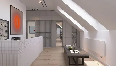 Nowoczesna łazienka z szarymi płytkami i drewnianymi detalami, styl industrialny.