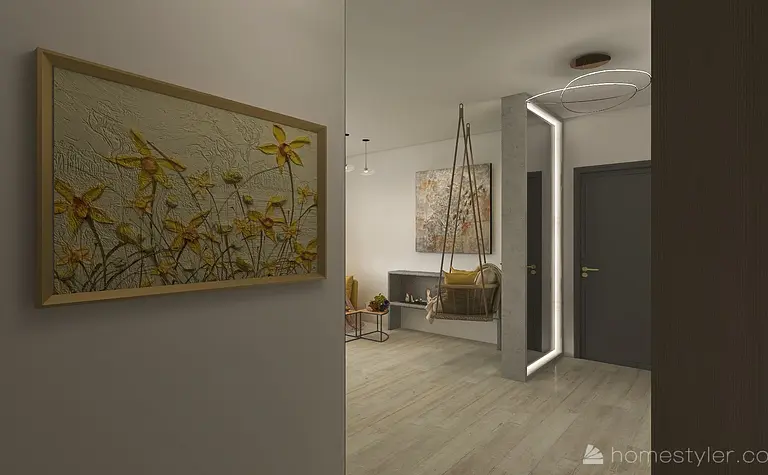 Eklektyczne wnętrze z minimalistycznym fotelem i współczesnymi obrazami.