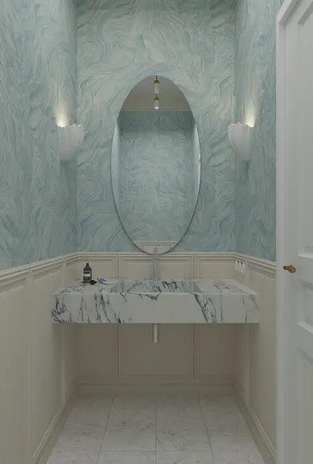 Toaleta z marmurową umywalką, niebieską ścianą, styl art deco, minimaluxe, quiet luxury.
