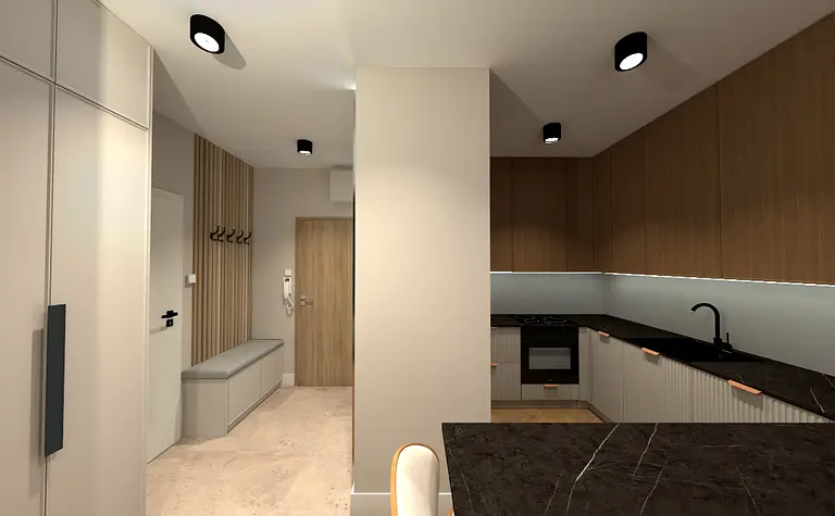 Współczesna kuchnia z brązowymi meblami i białymi ścianami