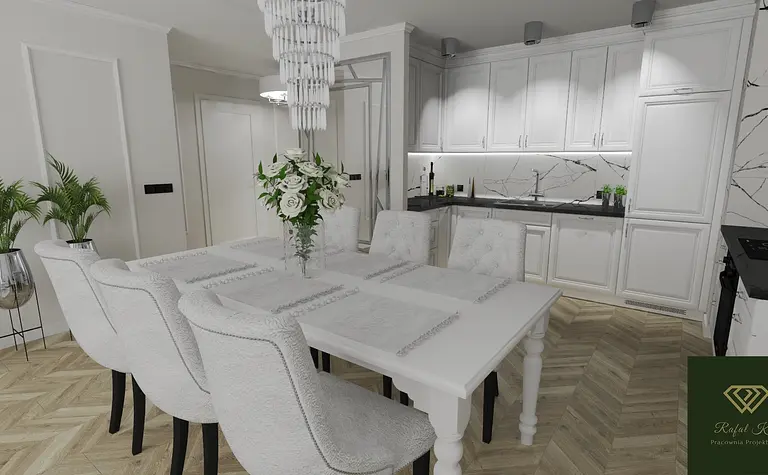 Jadalnia z białymi meblami, drewnianym stołem i roślinami w stylu glamour.