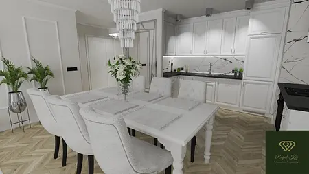 Jadalnia z białymi meblami, drewnianym stołem i roślinami w stylu glamour.