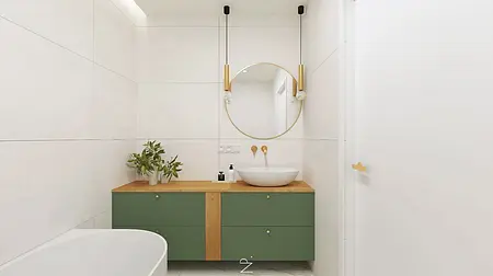 Nowoczesna łazienka w stylu art deco i boho z zieloną szafką, okrągłym lustrem i roślinami.