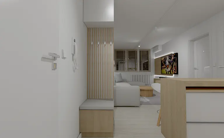 Przedpokój w stylu minimalistycznym i skandynawskim z białymi ścianami i drewnianymi detalami.