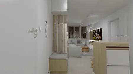 Przedpokój w stylu minimalistycznym i skandynawskim z białymi ścianami i drewnianymi detalami.