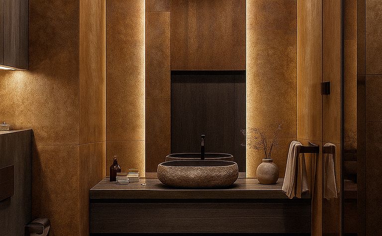 Współczesna łazienka z brązowymi ścianami i nowoczesnym umywalką.