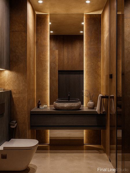 Współczesna łazienka z brązowymi ścianami i nowoczesnym umywalką.