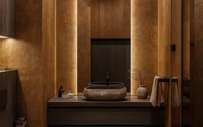 Współczesna łazienka z brązowymi ścianami i nowoczesnym umywalką.