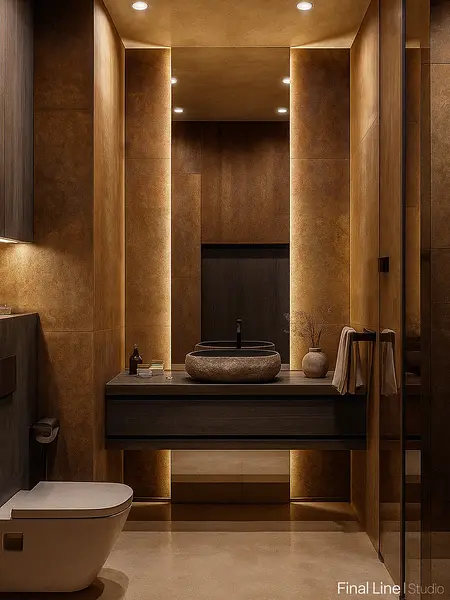 Współczesna łazienka z brązowymi ścianami i nowoczesnym umywalką.
