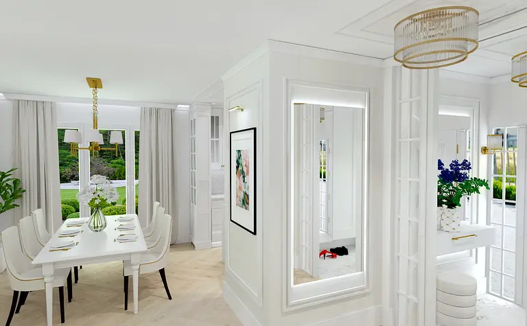 Wnętrze jadalni z białym stołem, szarymi krzesłami i roślinami, styl glamour i współczesny.