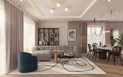 Wnętrze salonu z art deco, glamour i soft minimalizmem, z beżową kanapą i szklanym stolikiem.