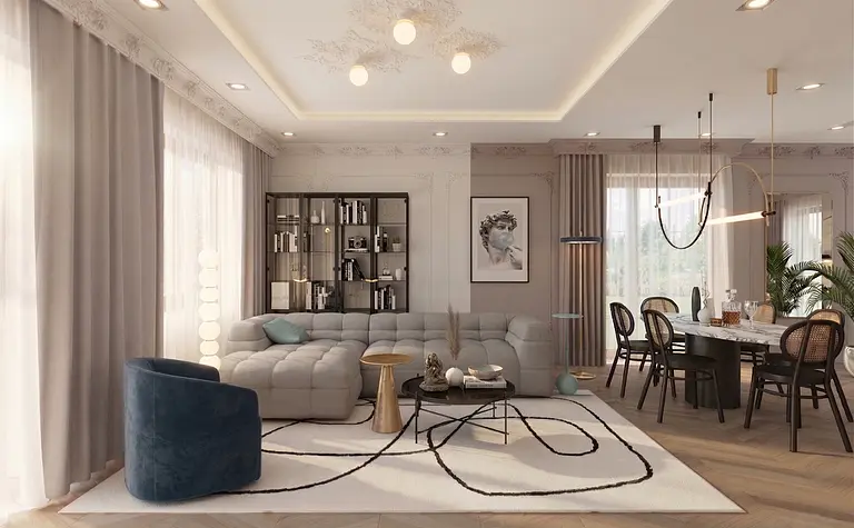 Wnętrze salonu z art deco, glamour i soft minimalizmem, z beżową kanapą i szklanym stolikiem.