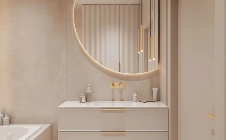 Nowoczesna łazienka z białą umywalką, minimaluxe i quiet luxury.