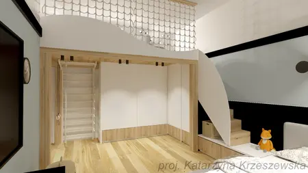 Pokój dziecięcy z drewnianymi meblami i białymi ścianami, nowoczesny design.